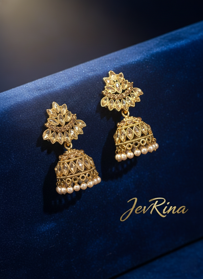 JevRina Exquisite Gold-Plated Floral Jhumka Earrings with Pearl Drops