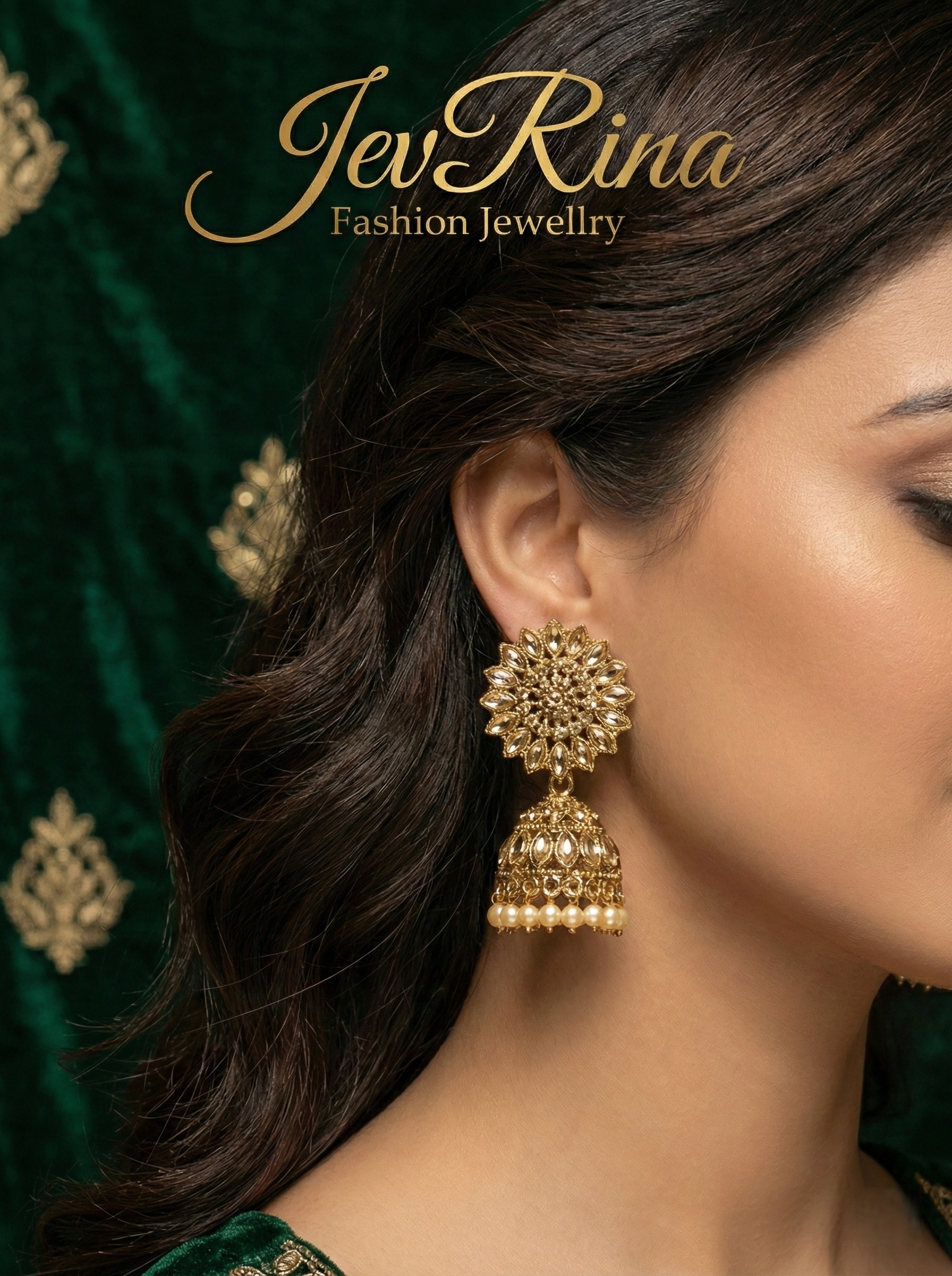 JevRina Exquisite Antique Gold Floral Jhumka Earrings with Pearl Drops