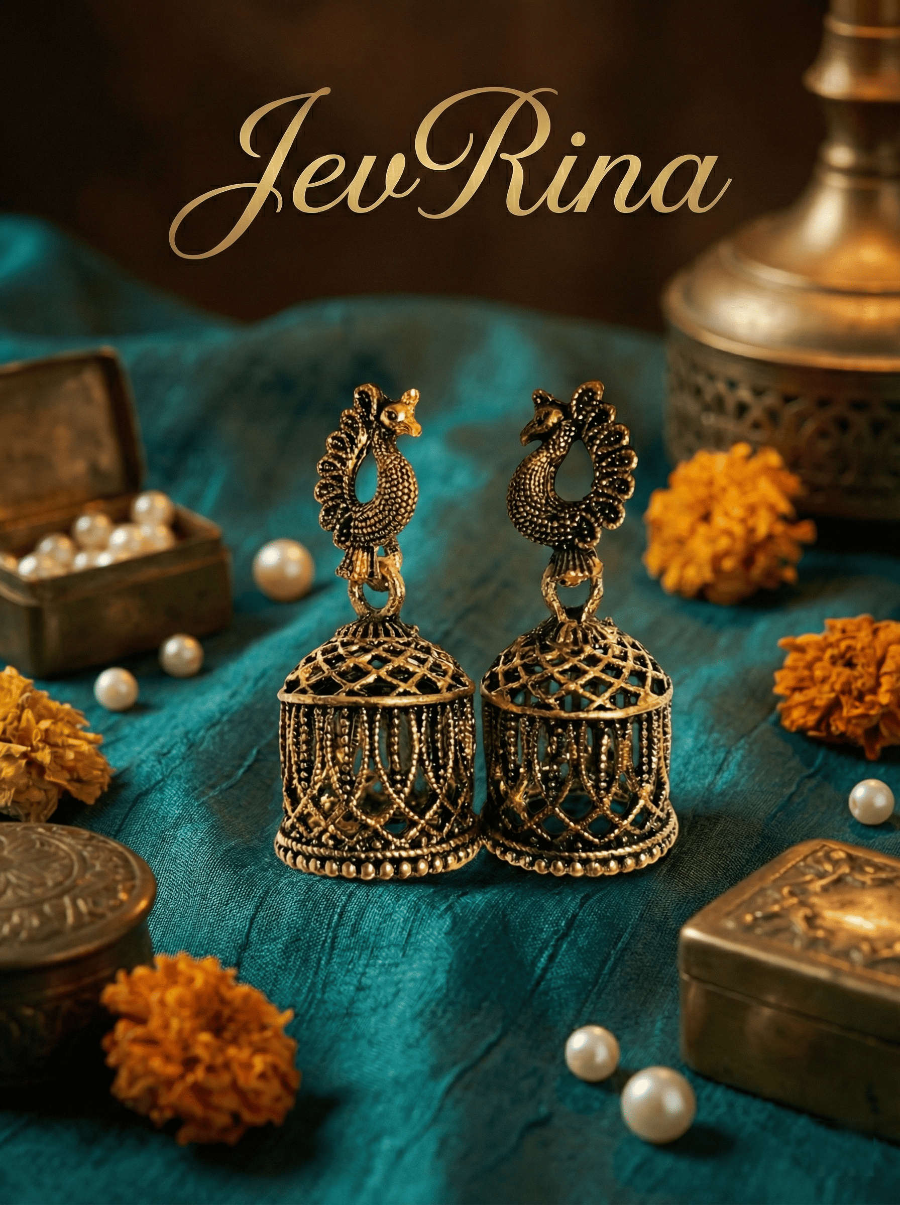 JevRina Traditional Antique Gold Peacock Jhumka Earrings