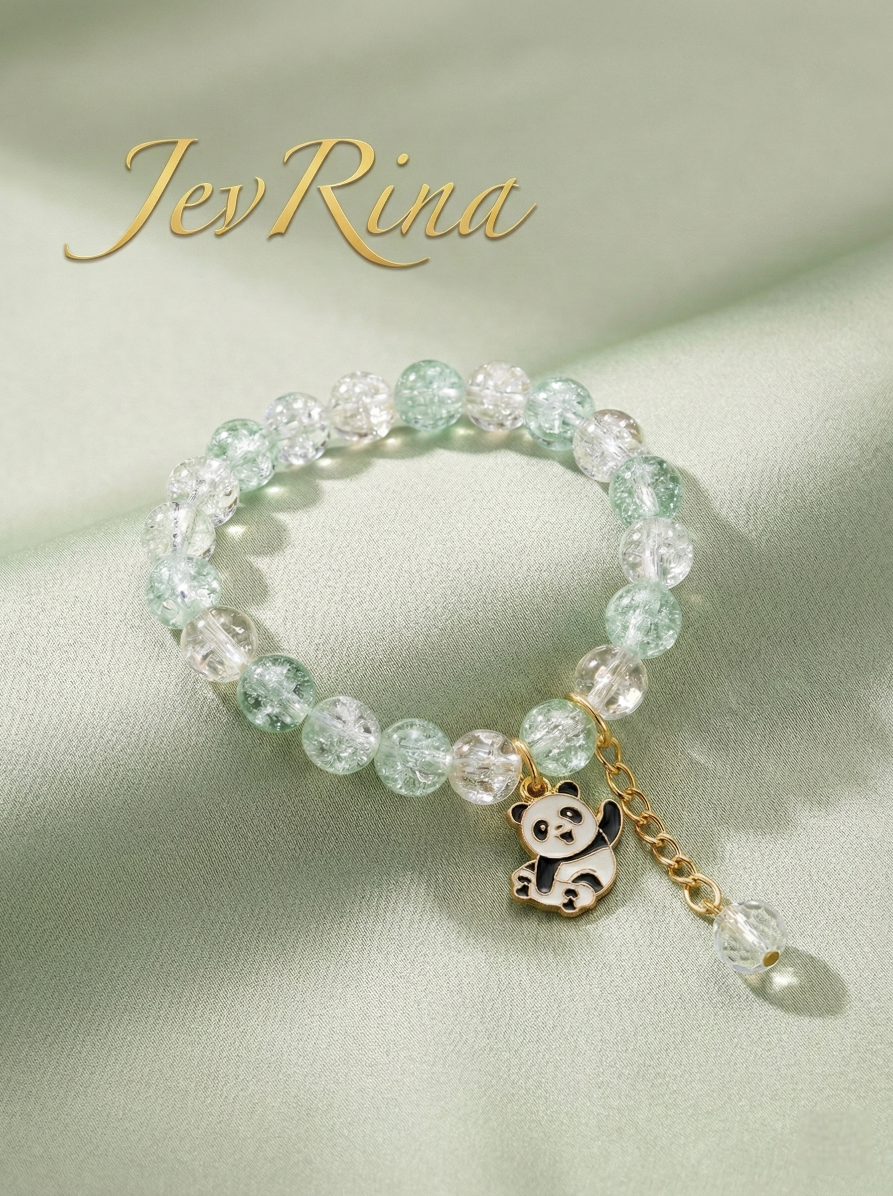JevRina Pastel Green Crackle Crystal Bracelet with Cute Enamel Panda Charm