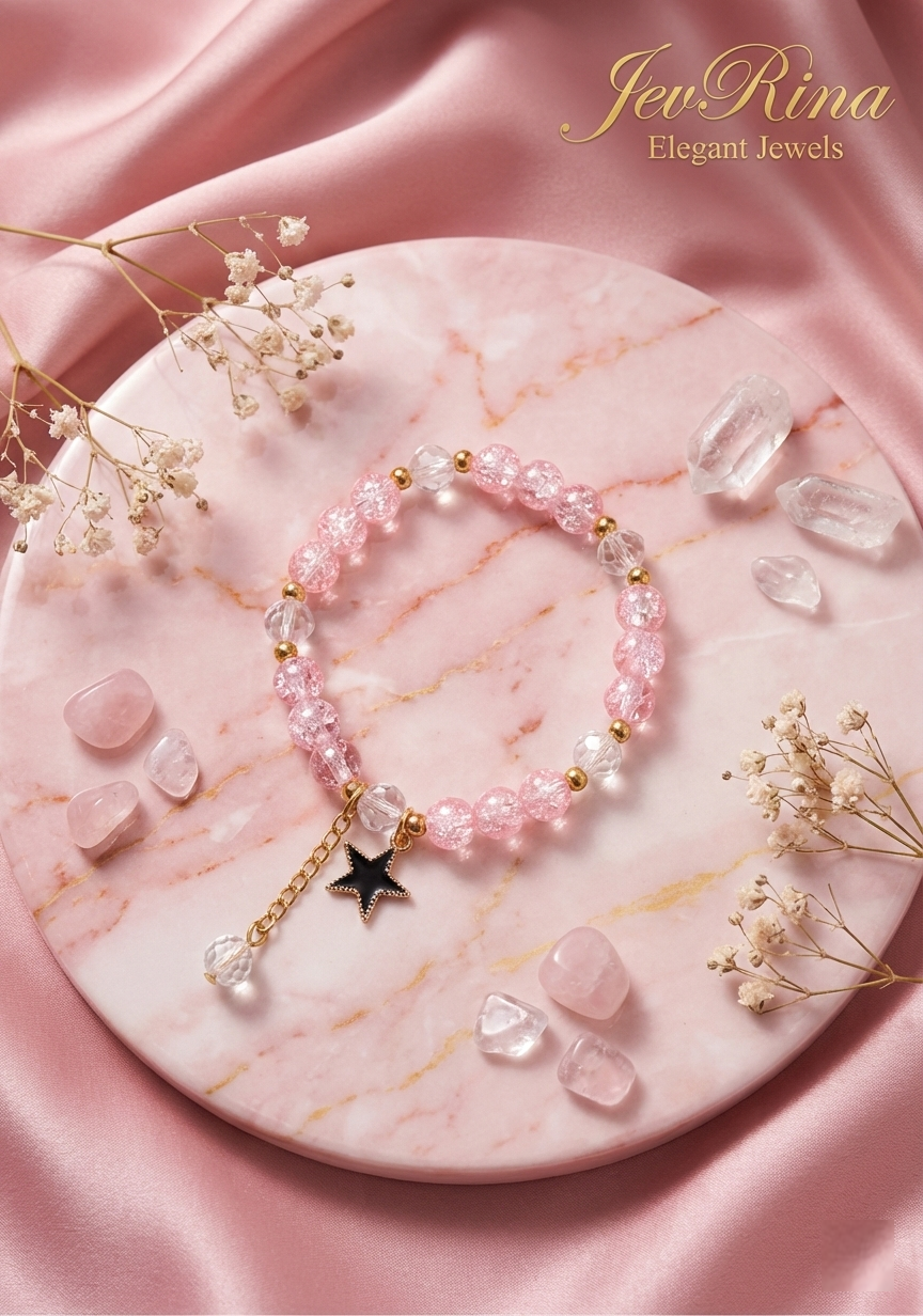JevRina Pink Crystal Beaded Bracelet with Star Charm – Elegant Gold Accent Stretch Bracelet for Women