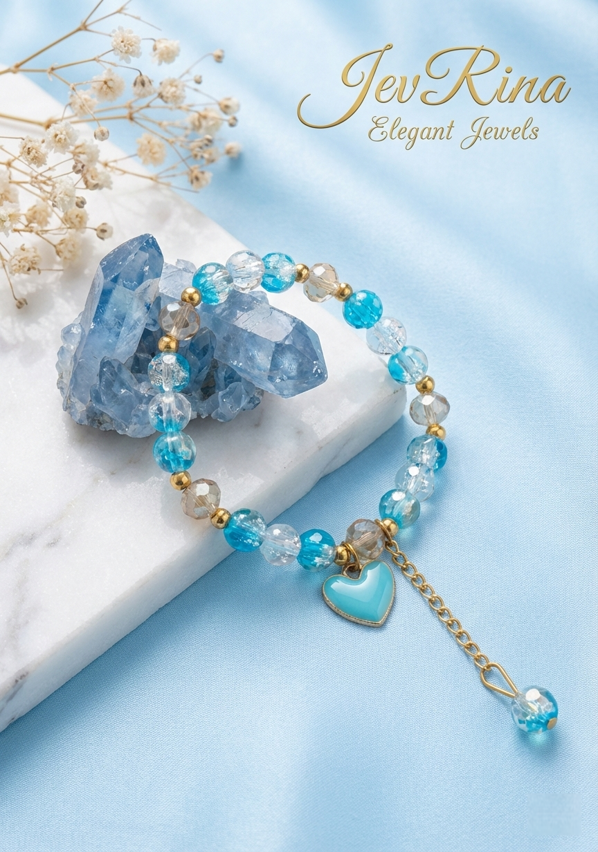 JevRina Blue Crystal Heart Charm Bracelet – Elegant Aqua Beaded Gold Accent Bracelet for Women