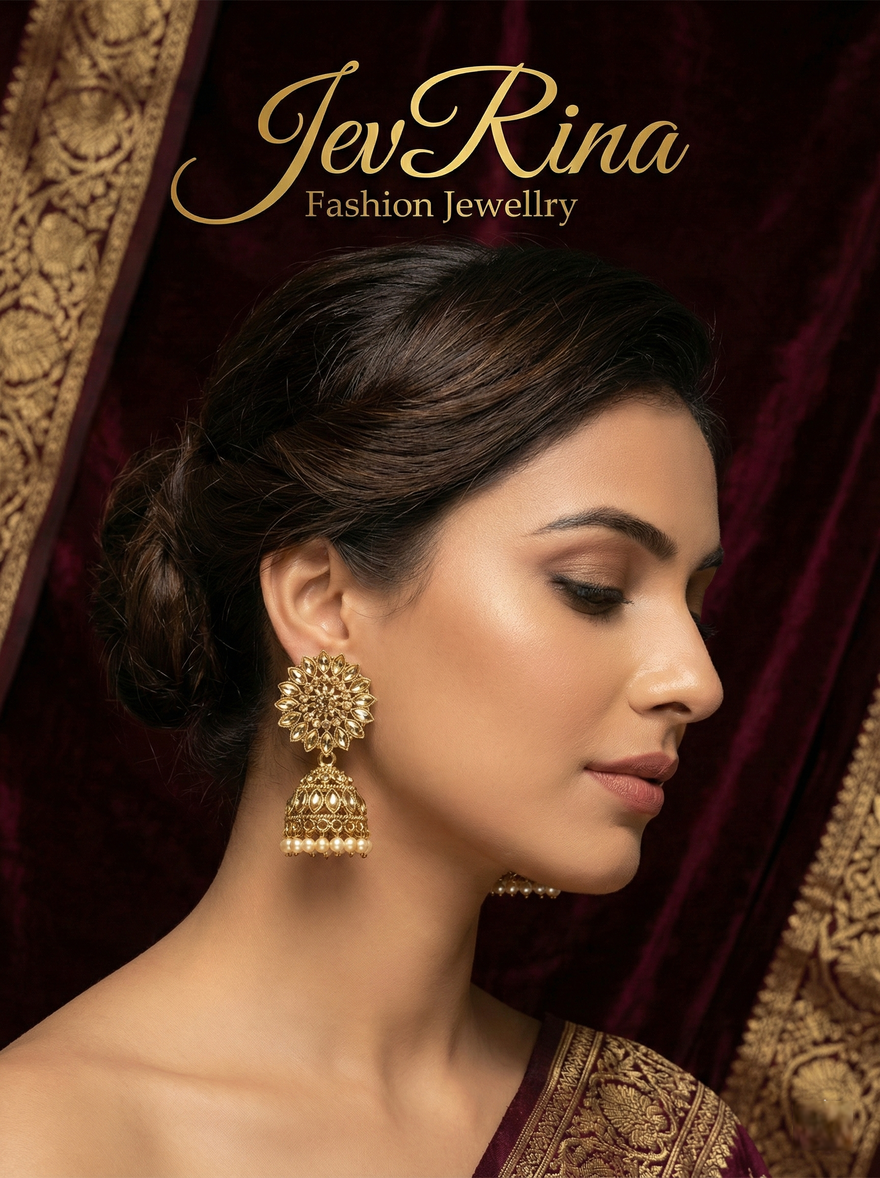 JevRina Exquisite Antique Gold Floral Jhumka Earrings with Pearl Drops on model